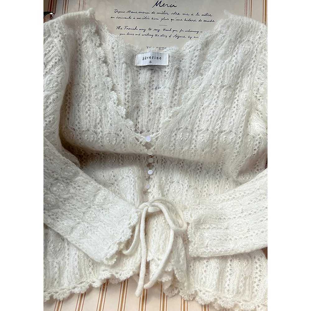 Rowan 5C862 White Jacquard Knit Cardigan Petal Edge V-Neck Long Sleeve Buttons Female Sweater Casual Lace-up Lady Top 2026 M260306