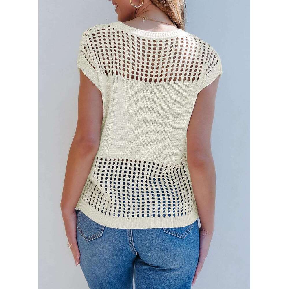 Designer Womens Tops Casual Summer Cap Short Sleeve Crochet Hollow Out Knit Sweater Vest Pullover T-Shirts Beach Coverup