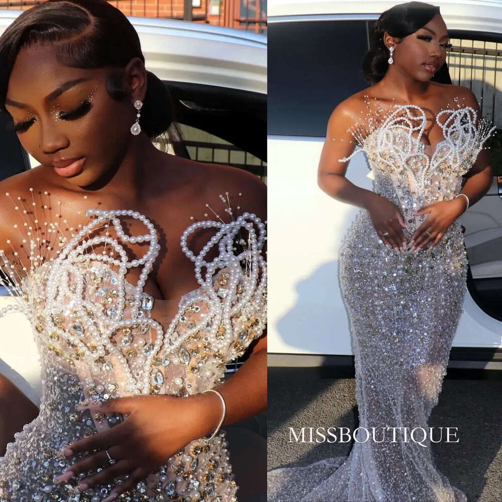 Aso Ebi 2026 Ivory Illusion Mermaid Prom Dresses Crystals Pearls Sequined Evening Formal Party Gowns Robe De Soiree Luxe D0306