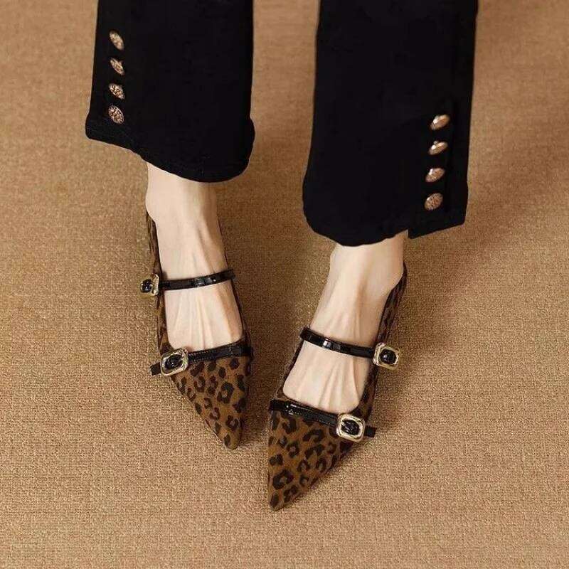 Autumn New French Style Pointed-Toe Leopard Print Mary Jane Shoes-Black Elegant Fashion Shoes with Single Strap for Women