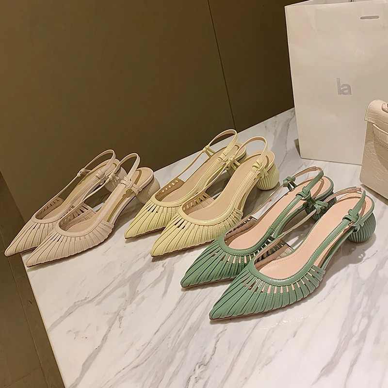SummerSpring Women Shoes Pointed Toe Sandals Strappy Med Heels Split Leather Dress Shoes for Women Rome Gladiator Shoes 260306