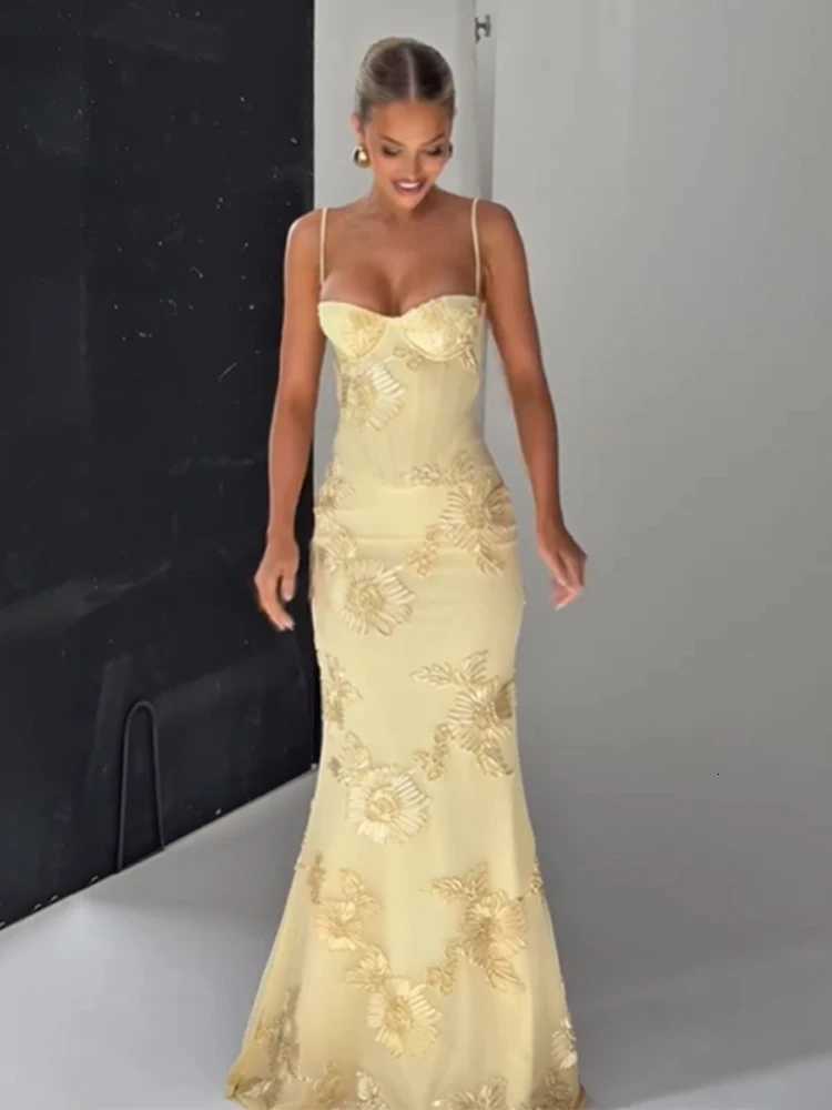 Pale Yellow Print Backless Bandage Dress Women Chic Sleeveless Off Shoulder High Waist Slim Fit Robes Lady Evening Party Gowns X260306