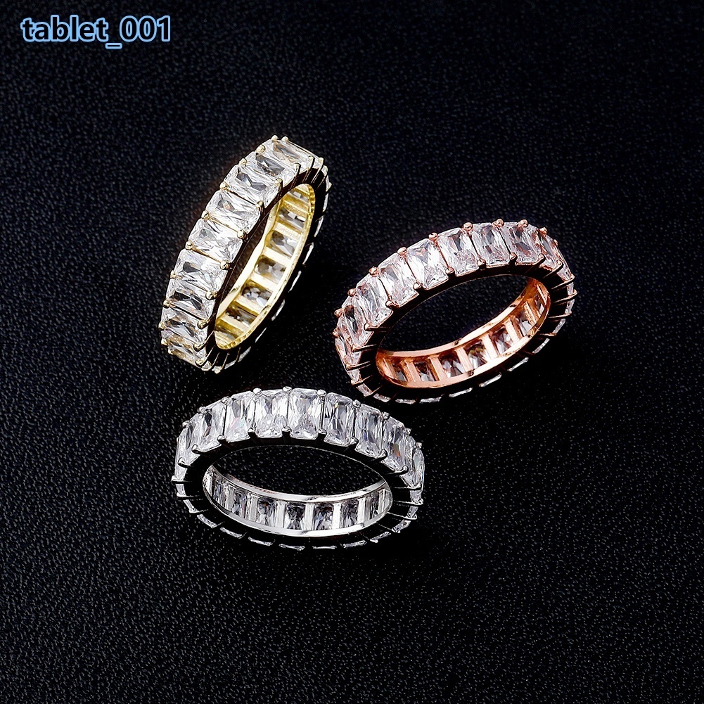 Fashion Trendy Iced Lab Created Zircon Geometric Hip Hop Eternity Engagement Wedding Band Ring Brass Platinum/Gold Plated Men