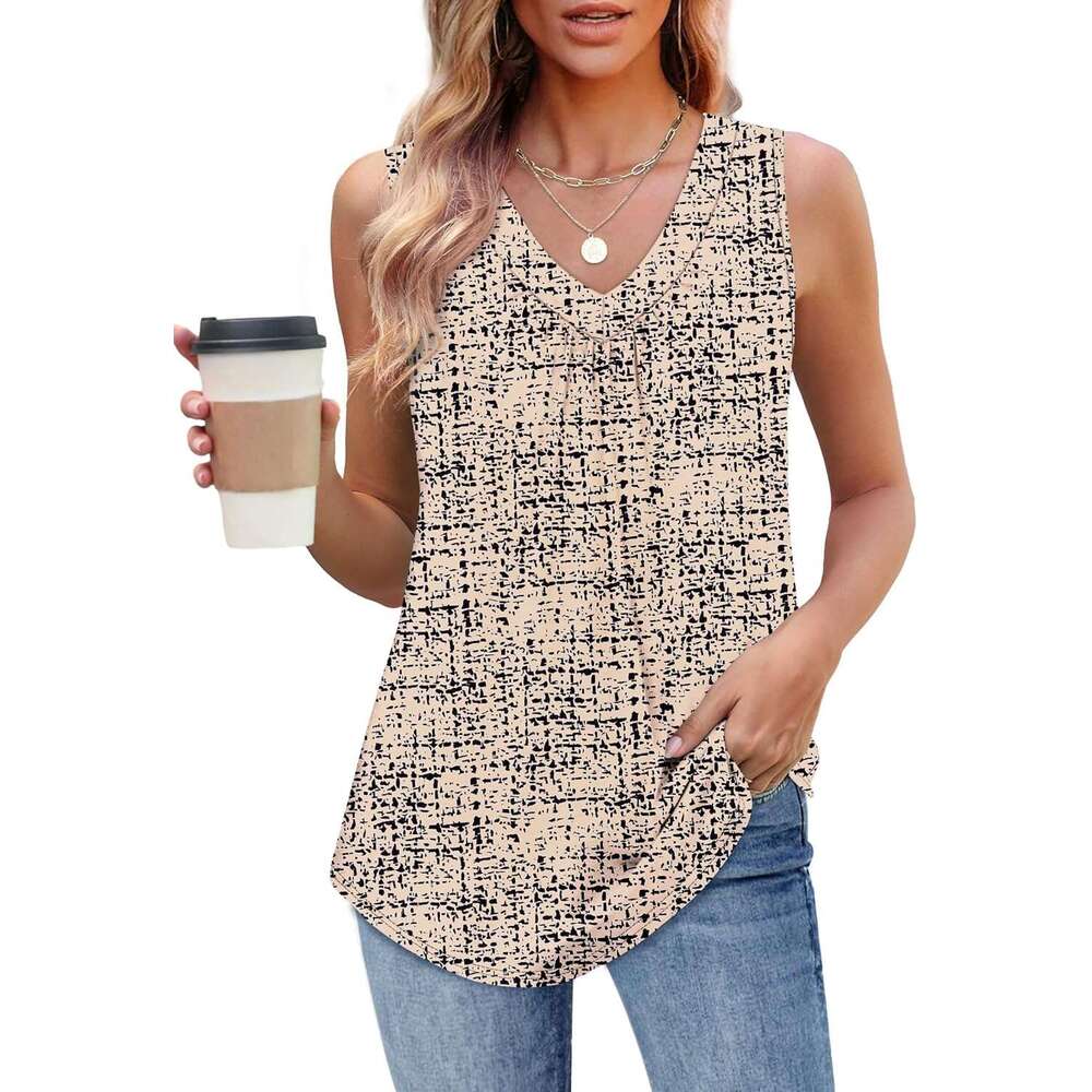 Tank Top for Women Loose Fit Sleeveless Shirts V Neck Summer Clothes Designer Ruched Women's Tees and Tanks Curved Hem