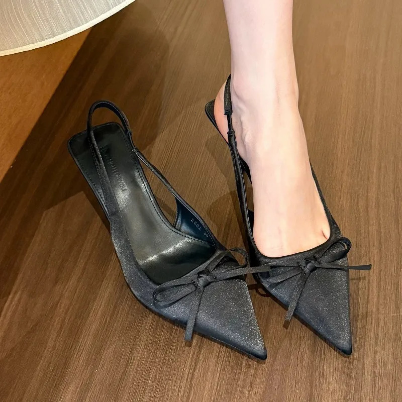 Satin Pointed Toe High Heeled Sandals Women Summer Sexy Thin Heels Slingback Shoes Bow Elegant Party Dress Shoes Women Pumps 260303