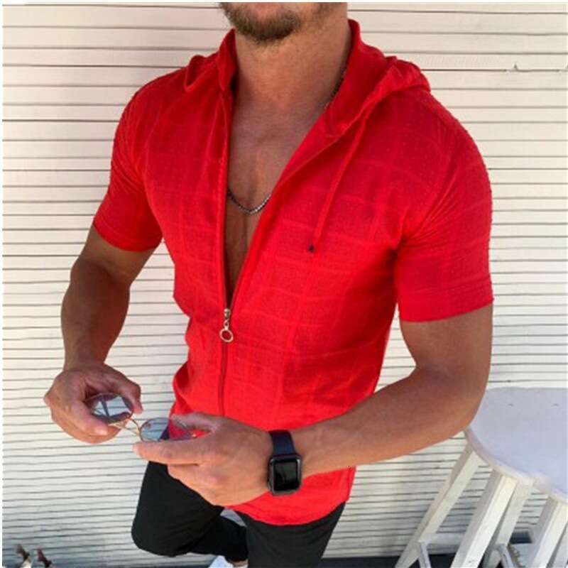 2025 New Model for Foreign Trade: Amazon European and American Fashion Men's Short-Sleeve Hooded Zipper T-Shirt