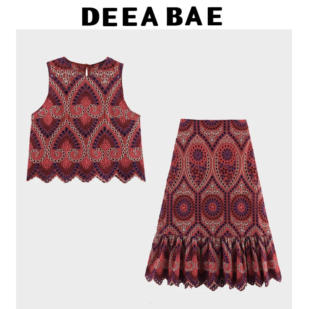 DEEABAE Comfortable Round Neck Sleeveless Top With High Waist Layered Decoration Hollowed Out Embroidery MIDI Skirt 260304
