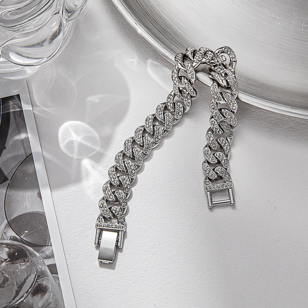 Bracelet Minimalist Fashion Full Diamond Cuban Bracelet Ins Style Hip Hop Trendy Personality Unisex Wholesale Titanium Steel Bracelet