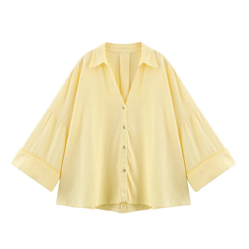 Spring Summer Women Long Sleeve V Neck Solid Color Blouse Shirt Office Wear Casual Work Loose Fit Lightweight Chic Tops 260306