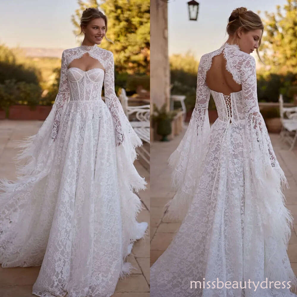 Unique A-Line Wedding Dresses for Women - Long Sleeve Lace Bridal Gowns with Tulle Jacket and Customized Appliques
