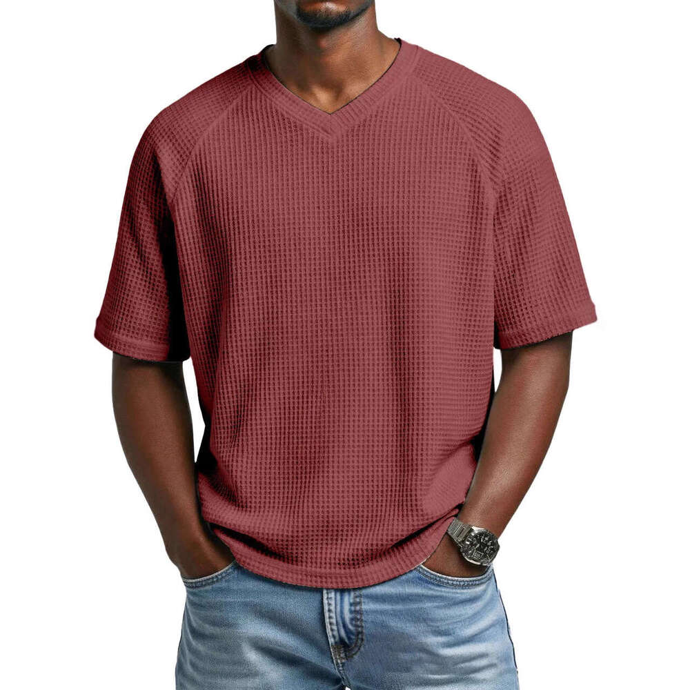 2026 European and American Spring Summer Cross-Border Independent Station Fashion Waffle Knit Raglan V-Neck Short Sleeve Men's T-Shirt
