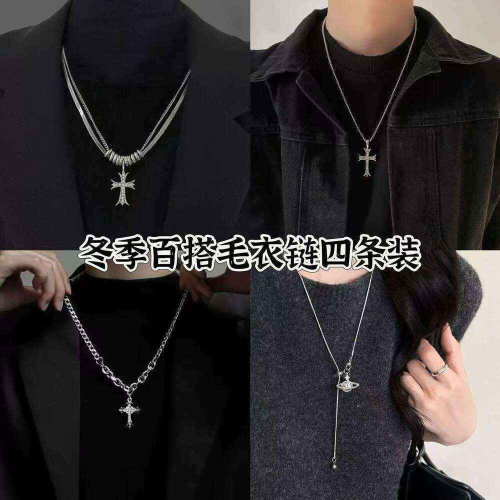 2025 European and American cross-border new model cross for women, niche versatile non-fading hip-hop hoodie chain, long sweater necklace