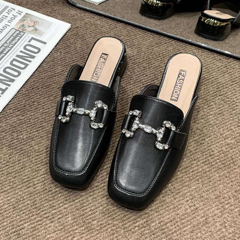 Women Pumps Shallow 2025 Footwear Fashion Metal Buckle Strap Ladies Thick Heels Shoes Leather casual sandals