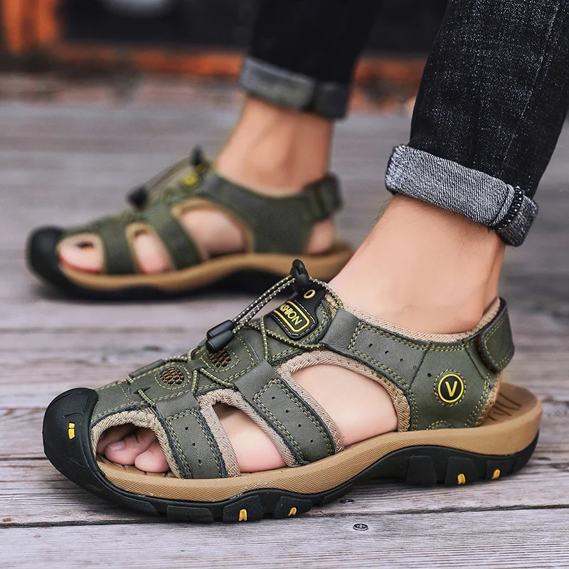 Summer Men Sandals Leather Mens Casual Shoes Breathable Outdoor Sandals for Men Beach Shoes Slippers Fashion Roman Shoes 260227