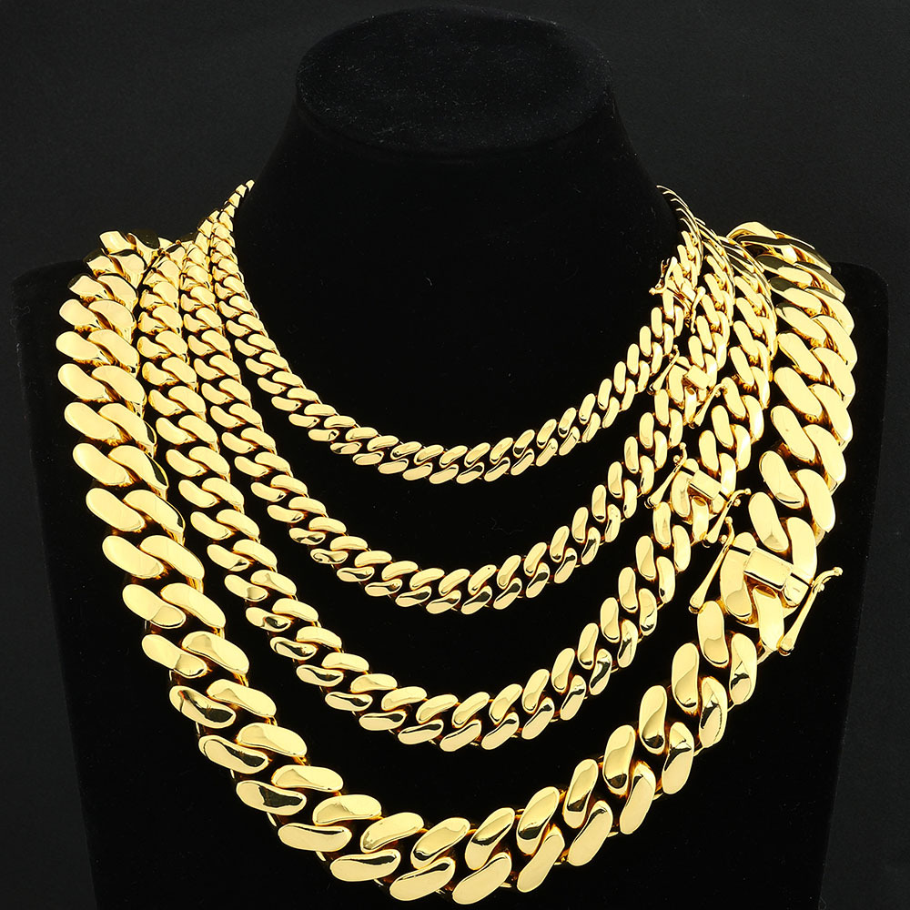 10mm-22mm Hip Hop Smooth Cuban Chain Necklace Bracelets Gold Plated Mens Jewelry Set