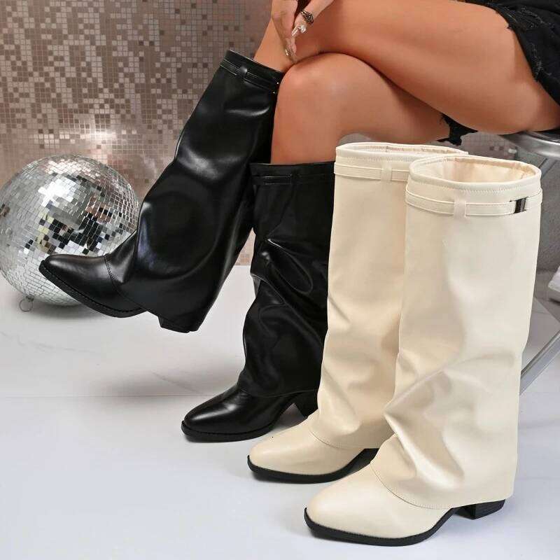New women's soft soled, anti slip wear-resistant fashion boots with pointed buckle design for autumn and winter of 2025