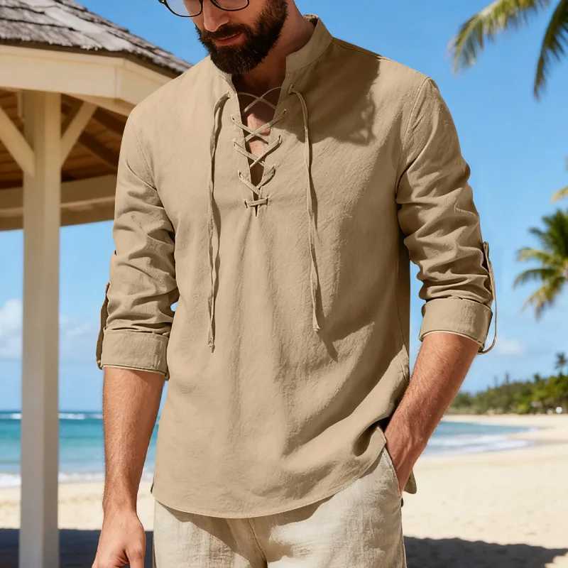 2026 New Mens Cotton Linen Shirt Long Sleeve Male Shirts Henley Button Strap Stand Collar Casual Shirt Spring Summer Vintage M260305