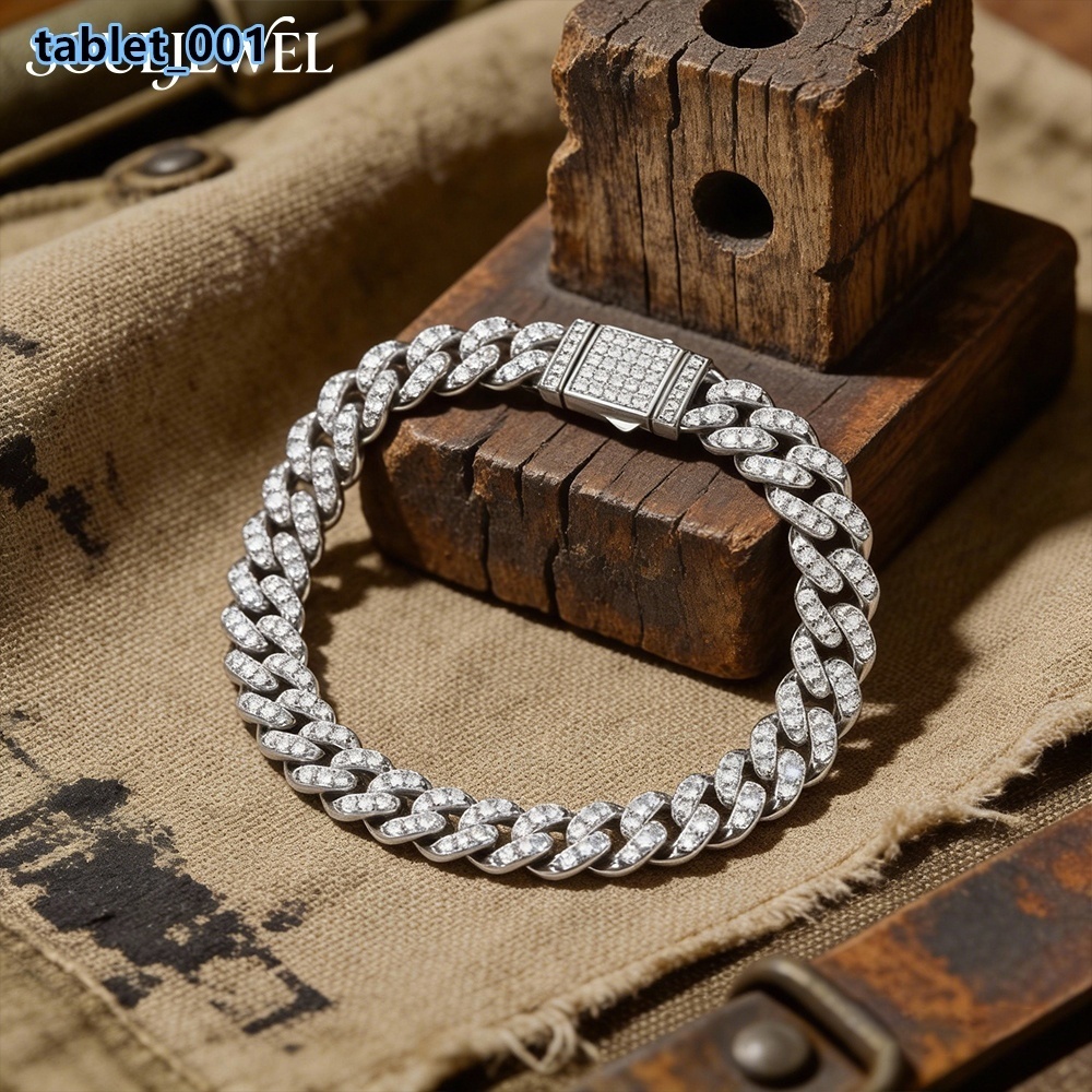 Sterling Silver Rhodium Plated Cuban Chain Bracelet with Moissanite Pave Link Hip Hop Style GRA Certified Jewelry for Daily Wear