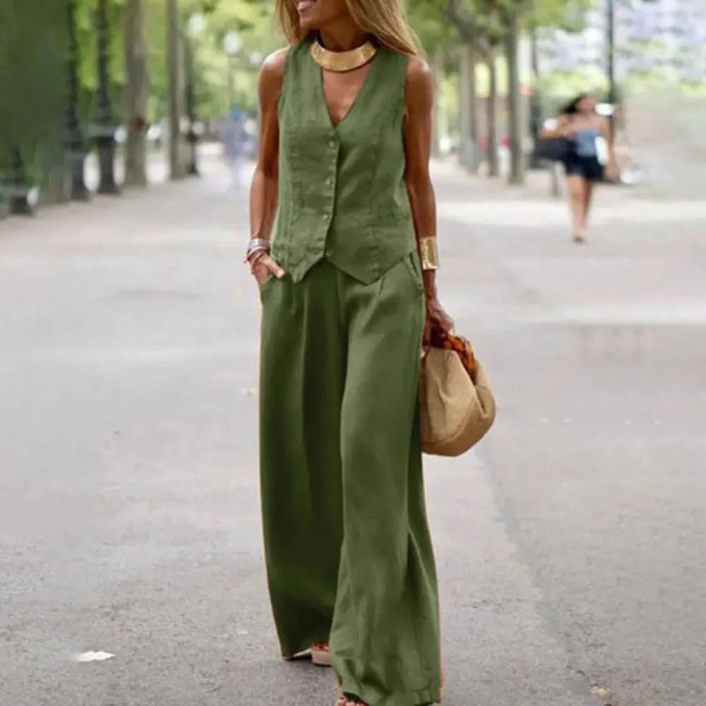 Casual Tank And Wide Leg Pant Sets 2 Piece Sets Women Outfit Summer Elegant Solid Cotton Linen Tops Trousers Suit Femme 5XL 260304