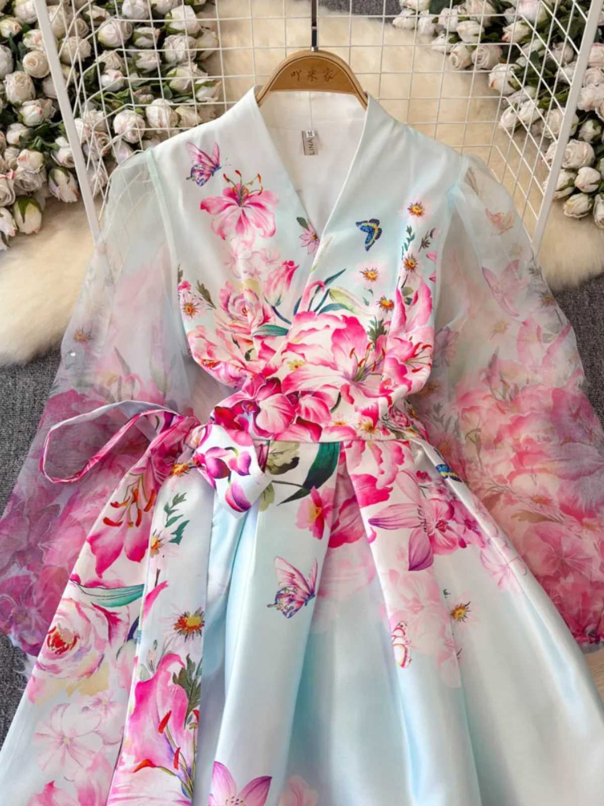 European Fashion Printed Dress Woman 2026 New Slim Waist Lantern Sleeve Temperament Big Swing Robes Gauze Splicing Vestidos X260306