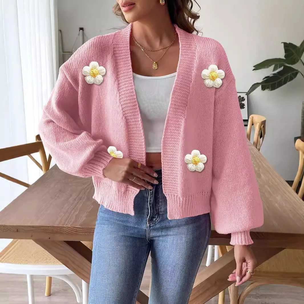 Women Cardigan Sweater Coat Flower Knitted Jacket V Neck Lantern Sleeve Knitwear 2025 Autumn Winter Casual Knitting Outerwear M260306