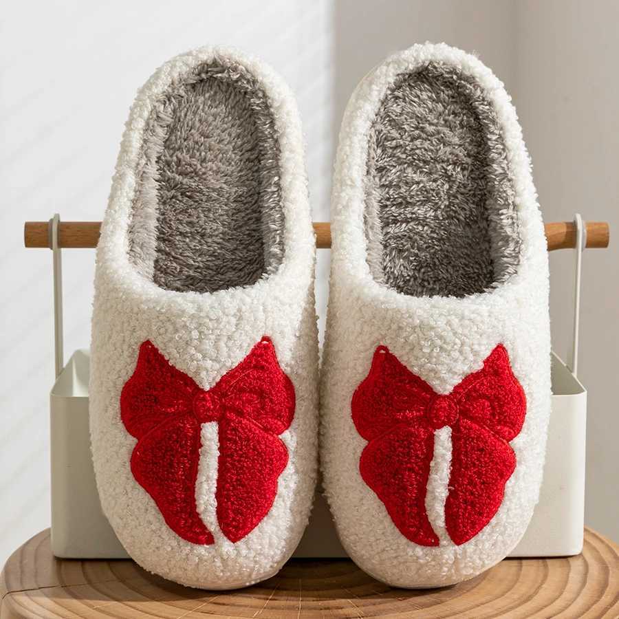 Comfy Winter Indoor Casual Girls Slippers Warm Bow Pattern Soft Sole Fashion Cute Womens Bedroom Anti-slip Fuzzy Home Shoes S260305