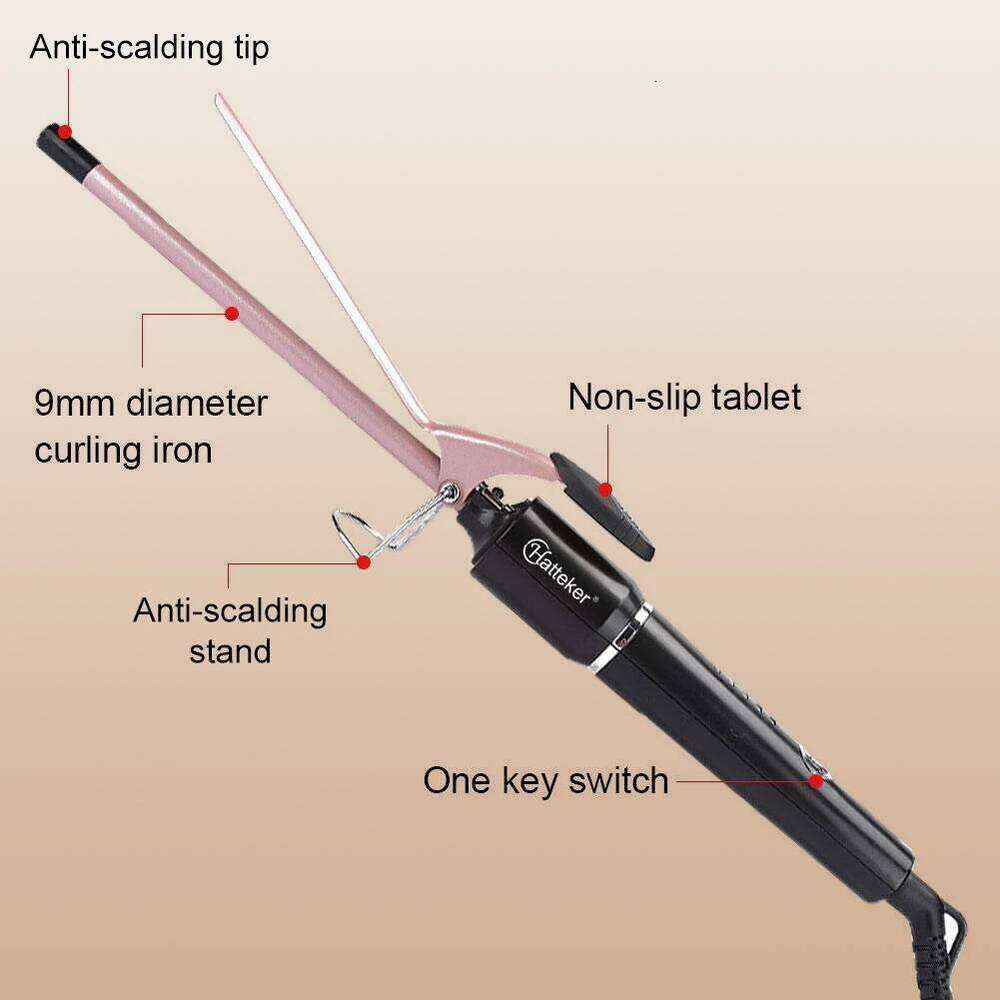 Hatteker 9mm Professional Hair Curler Ceramic Barrel Iron Smart Auto-Off Women's Wet/Dry Constant Temperature Protection Tool 26Y0306