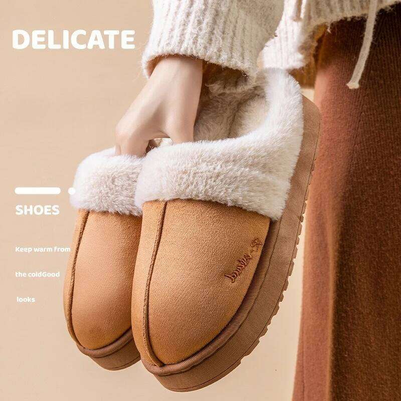 2025 Platform Fluffy Slippers Women House Flats Fashion Plush Winter Designer Shoes Ladies Home Elegant Casual Footwear