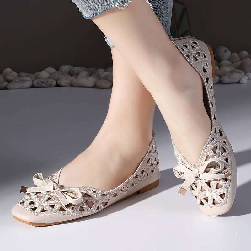 New Women's Retro Bow Single - Hollow Breathable Shallow Cut Square Head Shoes, Comfortable Soft Sole Flat Shoes