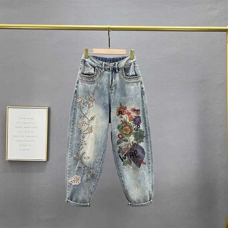 Mardi Hefxessdr Fashion Rhinestones Harem Jeans Female Spring New High Waist Loose Slimming Heavy Industry Printed Baggy Pants Women pants jeans women