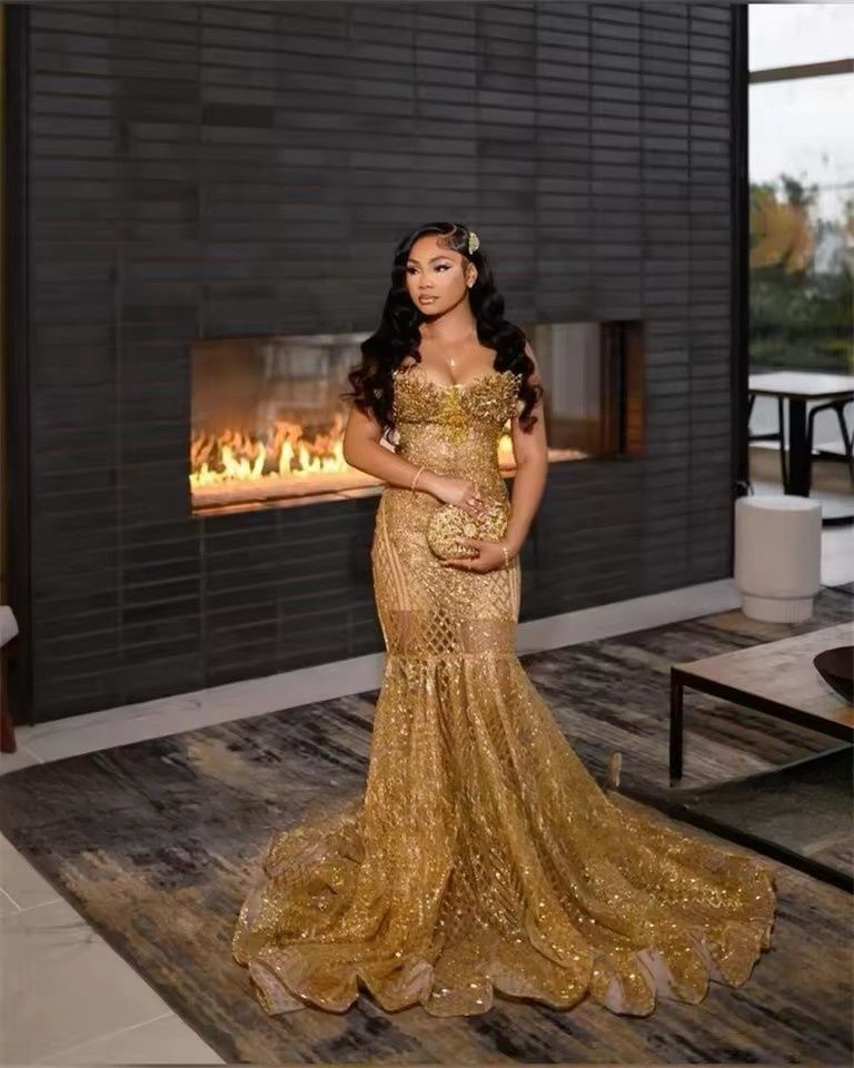Shinny Gold Prom Dresses Black Girl 2026 Sequin Beading Christmas Party Gowns Mermaid Evening Dress Gala Customized