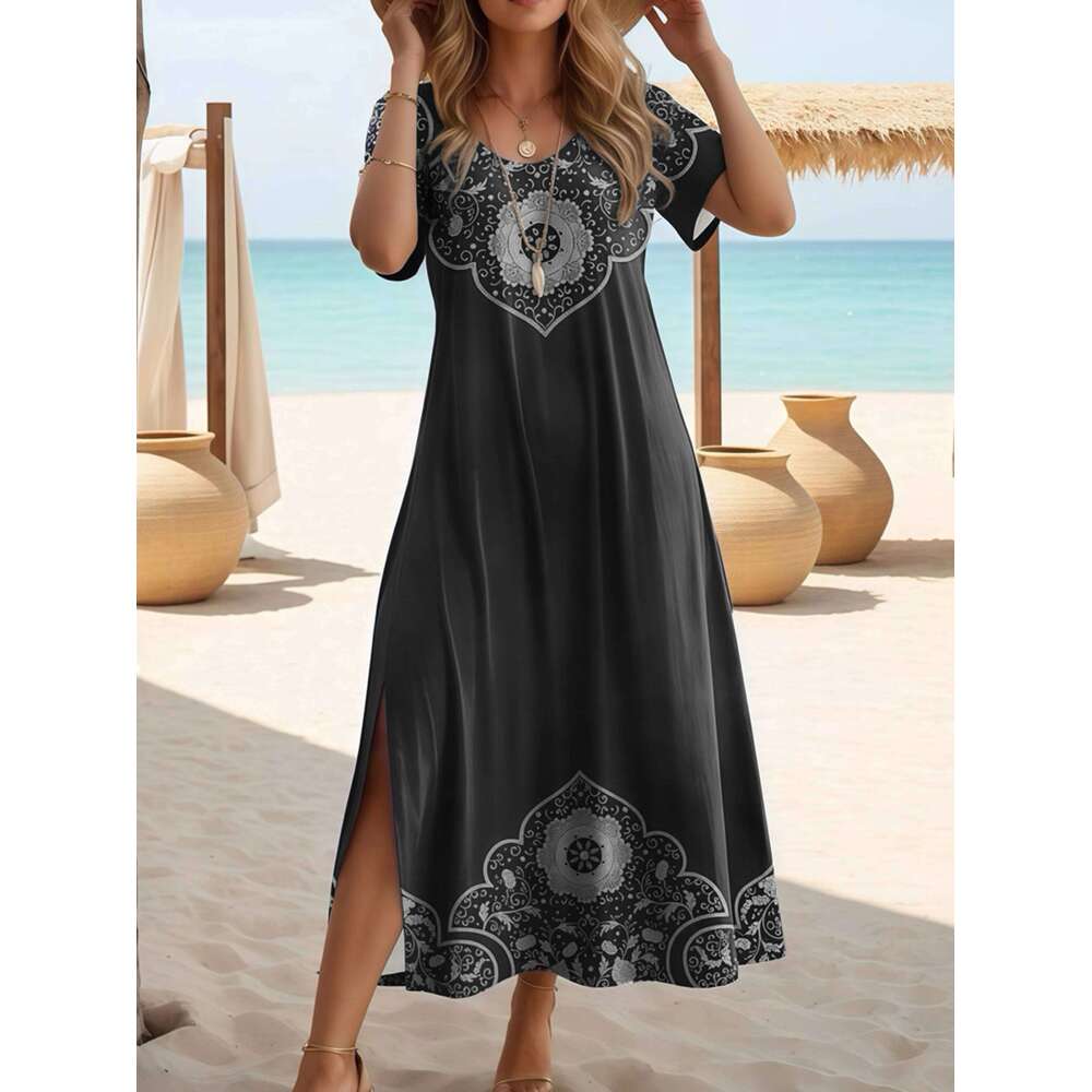 Elegant Summer Plus Size V-Neck Butterfly Print Dress - Split Hem Short Sleeve Women's Fashion