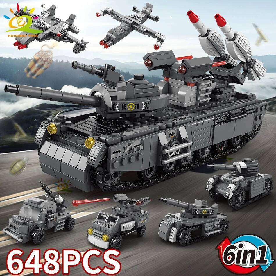 HUIQIBAO WW2 Military Tank 648pcs 6in1 Building Blocks Set Truck Plane Army Bricks City Construction Toy For Children Kids Game Z260306