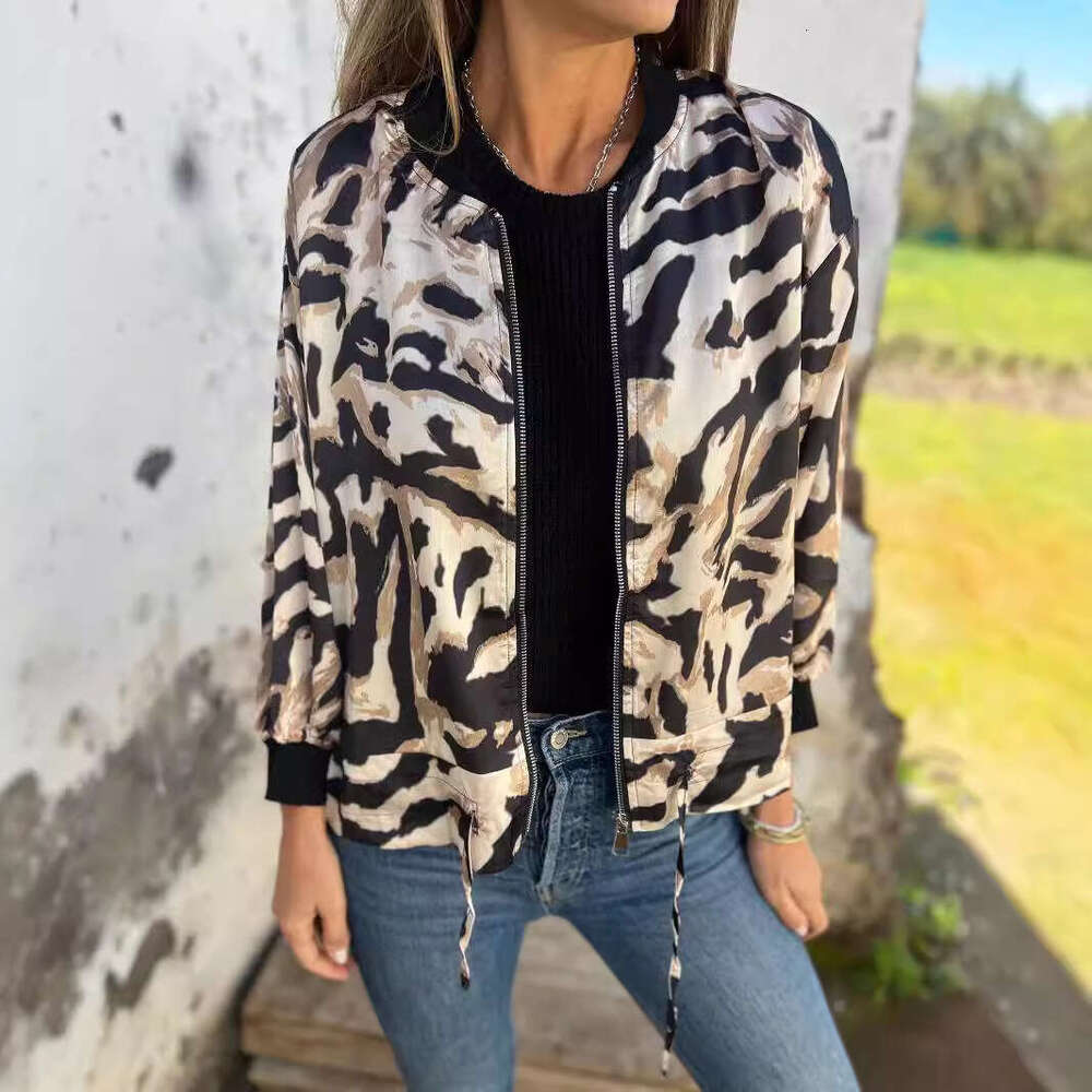 Women's Casual Tiger Print Bomber Jacket Autumn New Arrival Zip Up Long Sleeve Lightweight Outerwear Jacket For Women
