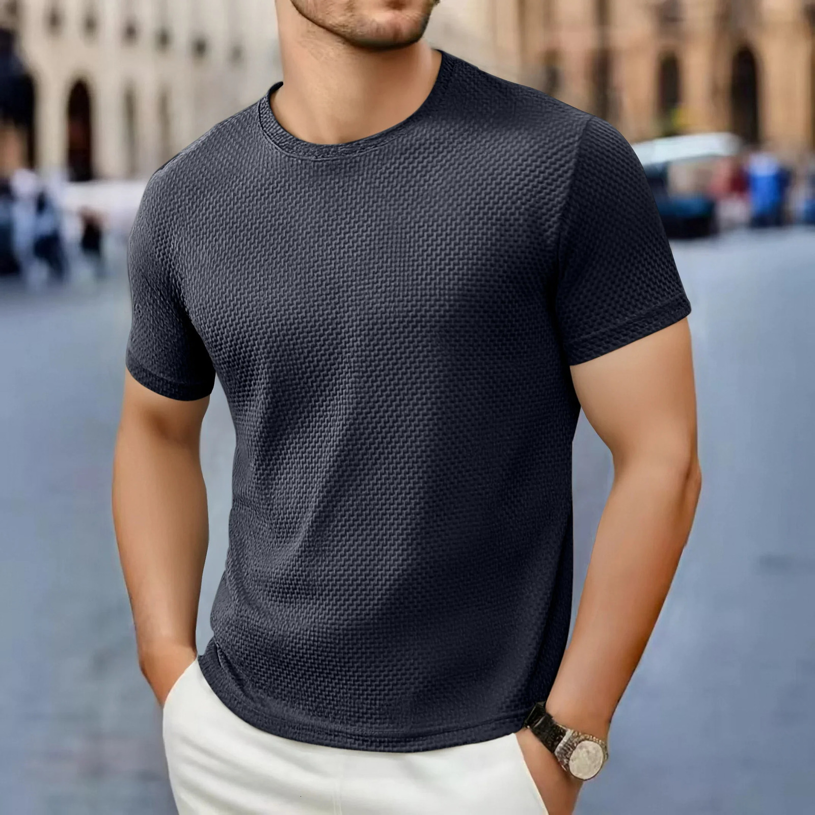 Mens Casual Short Sleeve Tshirt Bone Flower Solid Color Oneck Fashion Breathable Comfortable Summer Versatile Top 260302