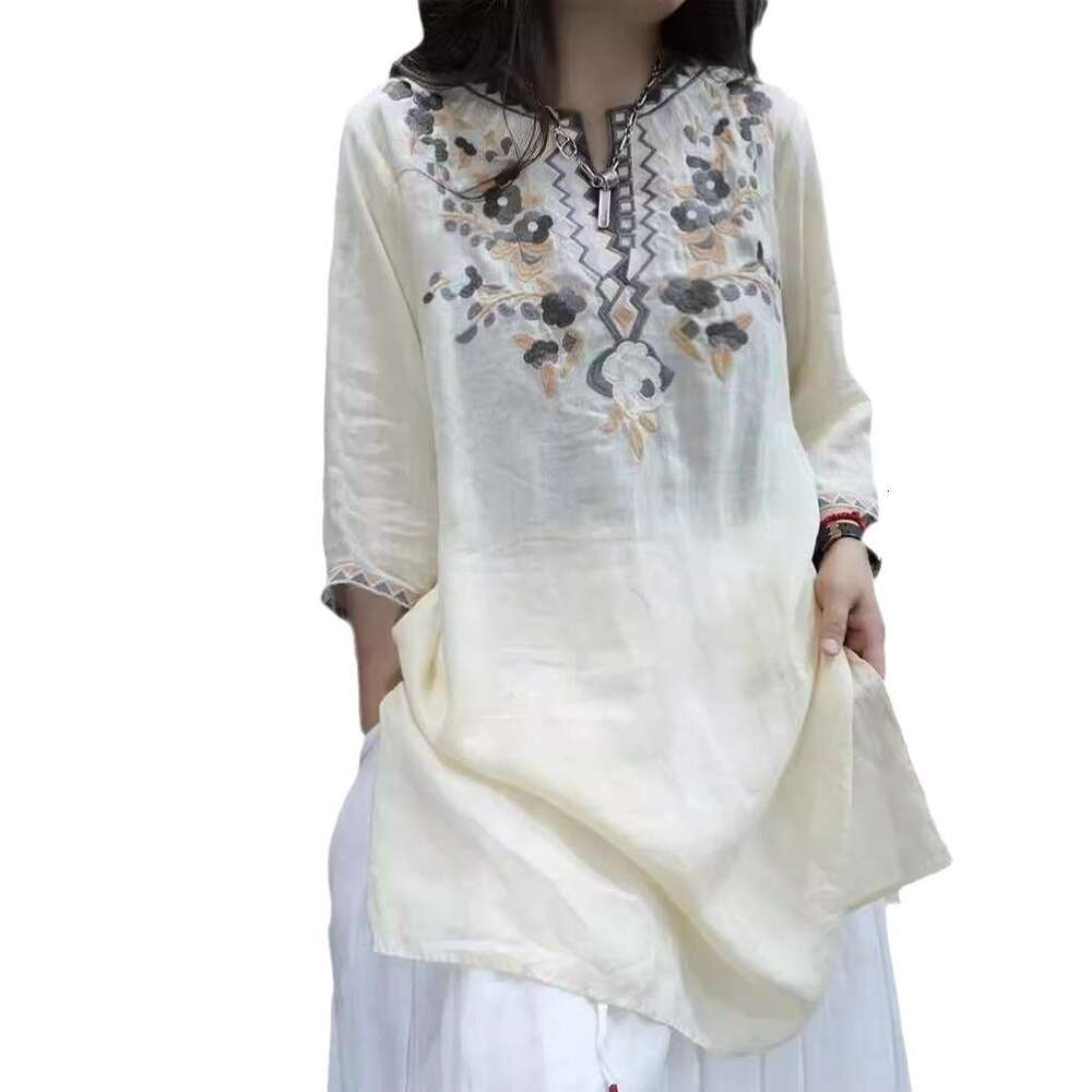 Women's Cotton Linen Embroidered Top Thin Mid Sleeve Retro Chinese Style Spring Summer Autumn New Fashion T-Shirt Embroidery Long Blouse