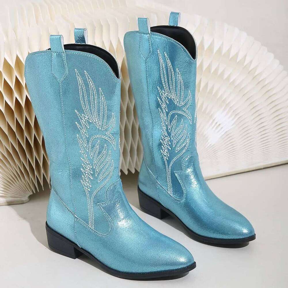 Gold Mid-calf Women 2025 Bohemia Silver Pointed Western Cowboy Boots Retro Fashion Black Boot Plus Size 36-43 WomenBoots