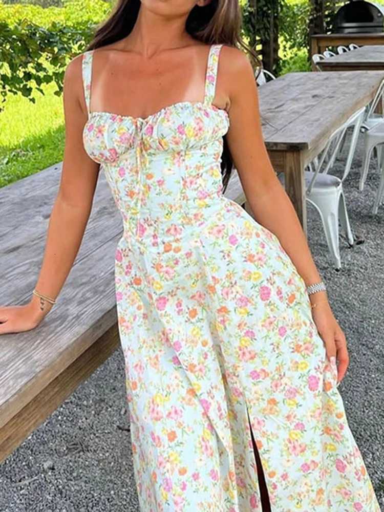 New Floral Midi Dress Bohemian Flowy Slit Dress Elegant Fashion Women Going Out A-line Casual Summer Sundress Print Halter Dress X260306