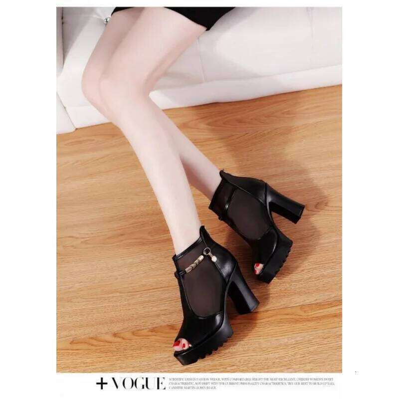 Women's Summer Peep-Toe Ankle Boots, Mesh Breathable Chunky Heel with Metal Chain Strap, Casual Shoes for Beach Party Vacation
