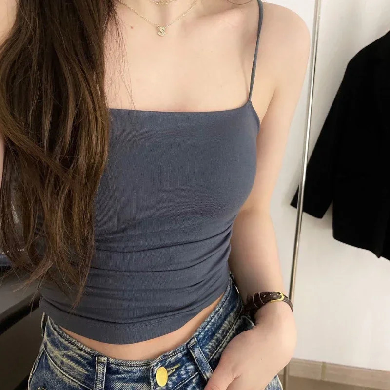 Solid All-Match Pleat Sling Vest Strap Chest Pad Inner Wear Slim Fit Slimming Short Gyaru Outer Wear Top 260306
