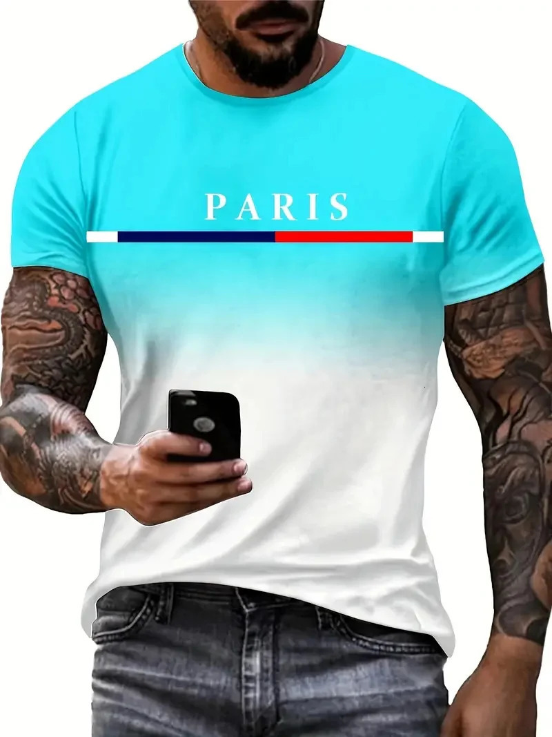 Summer mens gradient Paris letter 3D printed Tshirt for outdoor sports quick drying short sleeved top plus size clothing 260302