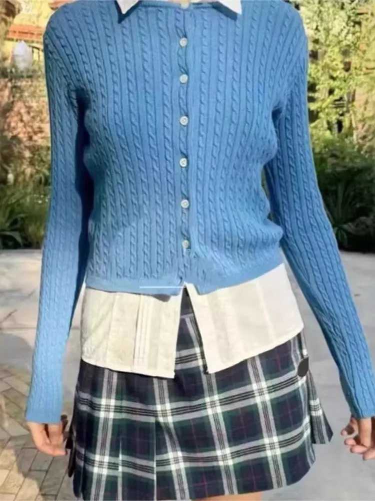 New Blue Twisted Flower Knit Cardigan Women Autumn Casual O-neck Single-breasted Slim Crop Tops Vintage Preppy Style Sweater Y2K M260306