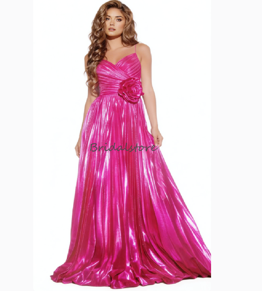 Elegant Liquid Metal Prom Dress 2026 Sexy Spaghetti Straps Luminous Evening Gowns Backless 3D Florals Formal Occasion Birthday Maxi Party Dresses 2026