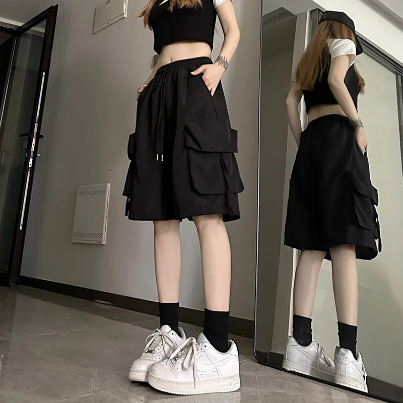 Gidyq Women High Waist Cargo Shorts American Style Streetwear Summer Wide Leg Pants Fashion Female Big Pocket Loose Shorts 260306