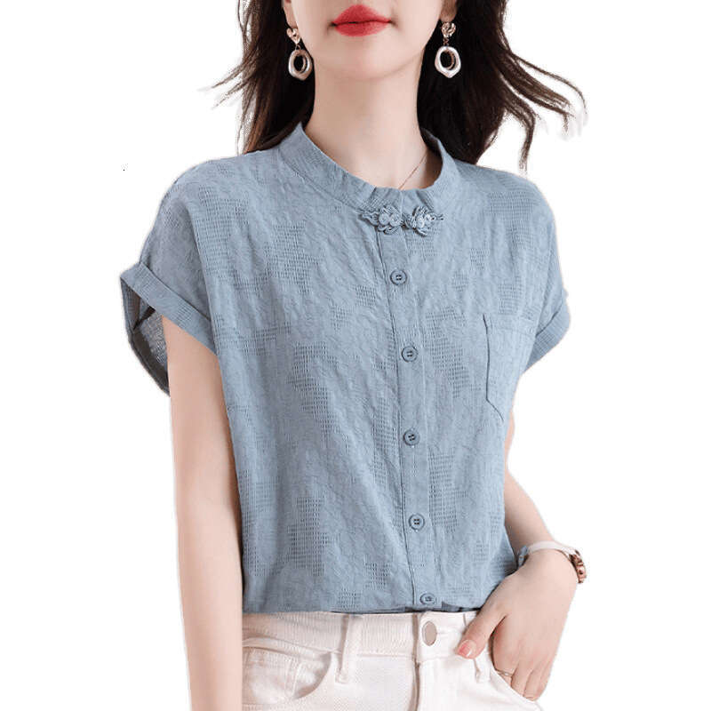 Stand-up Collar Button Cotton Linen Shirt for Women in Summer New Fashionable Age-reducing Top Slim and Short-sleeved Shirt
