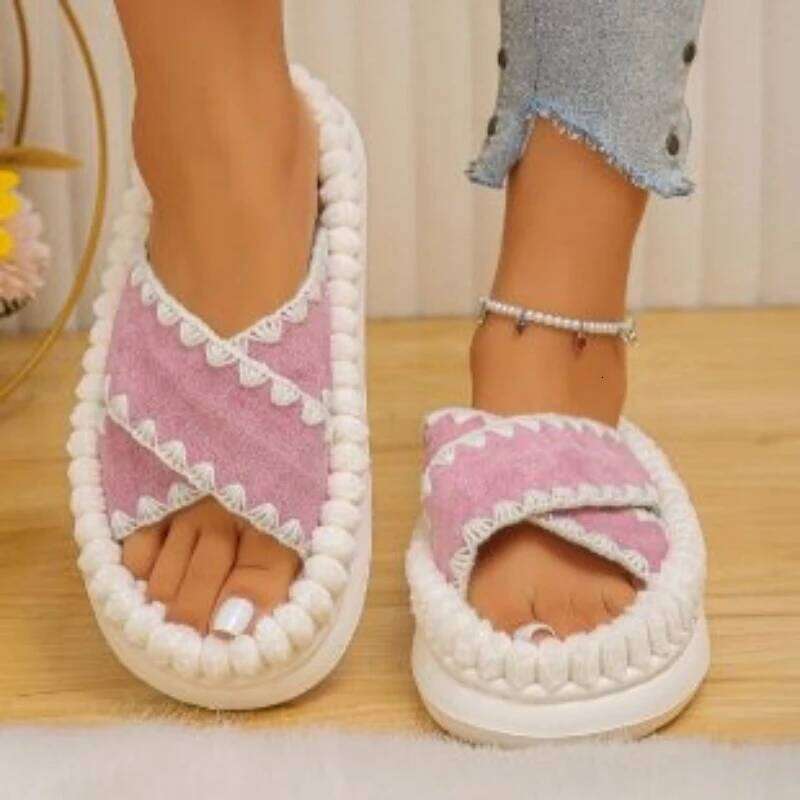 2025 Winter New Women's Plush Comfortable Fashion Open toed Casual Slippers Indoor Anti slip Cotton Dragging