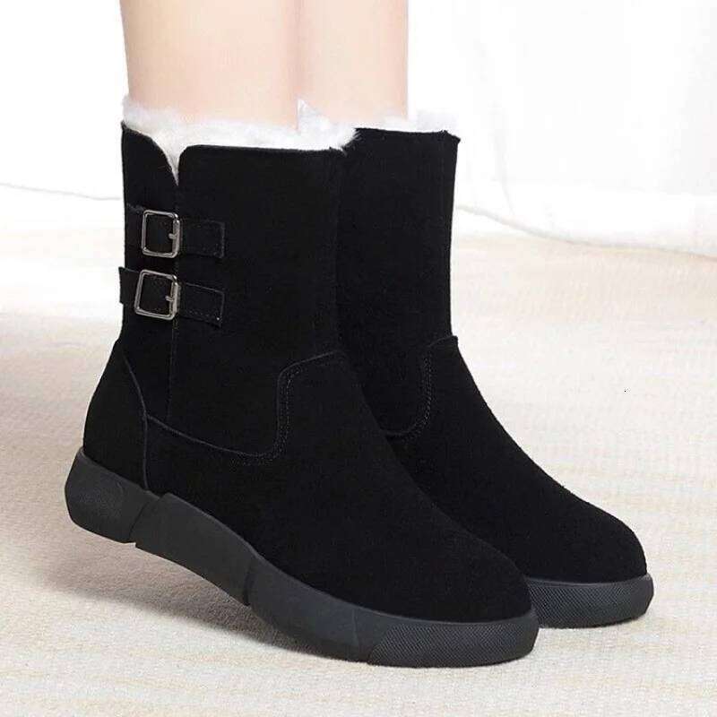 2025 New Winter Women's Snow - Minimalist Double Buckle Side Zipper Fleece-Lined Warm Mid-Calf Boots