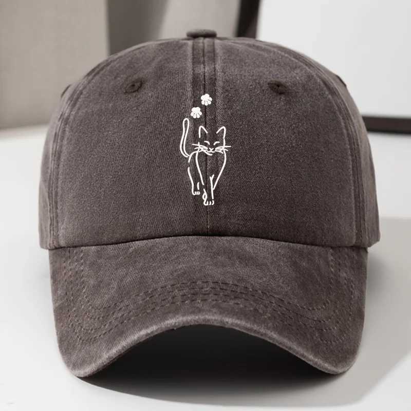 Cute cat printed baseball cap retro washed denim curved hip hop hat adjustable outdoor travel hat S260306