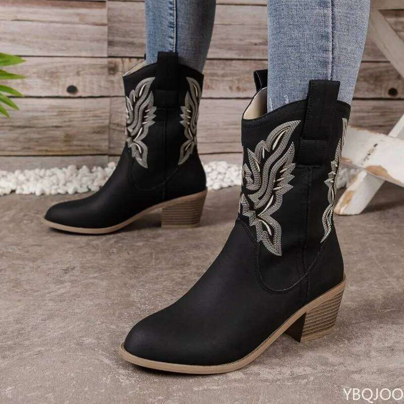 Elegant comfortable shoes autumn winter embroidered thick heel women's retro minimalist midsole pointed boots