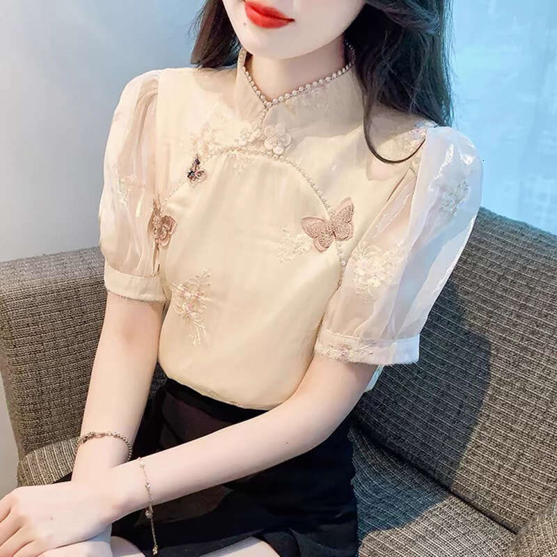 2026 Women's Summer New Design FashionBubble shirt chiffon topable Embroidered Heavy Work Beaded Women's irt Standing collar butterfly embro
